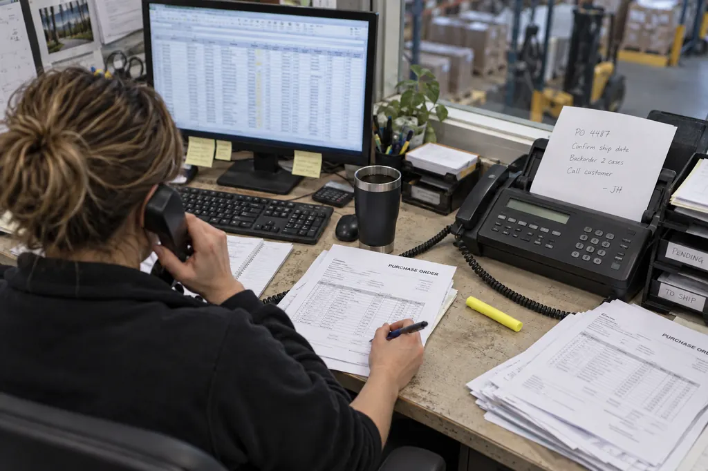 Inside-sales order desk covered with printed purchase orders and a fax