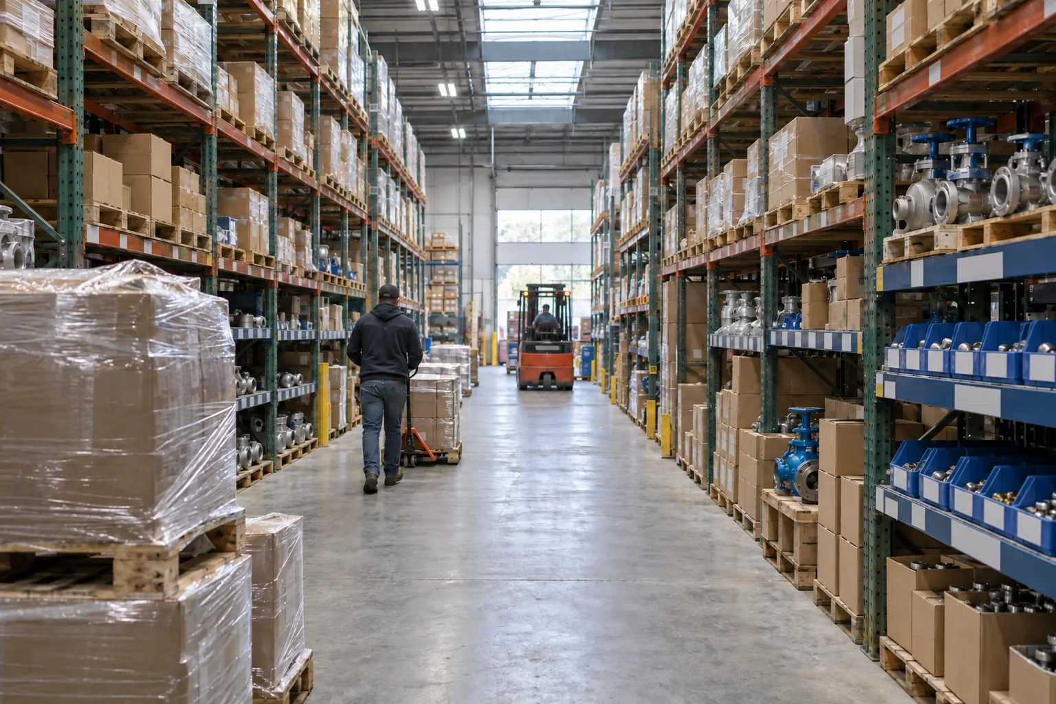 Aisle of an industrial parts warehouse with steel racking and pallets
