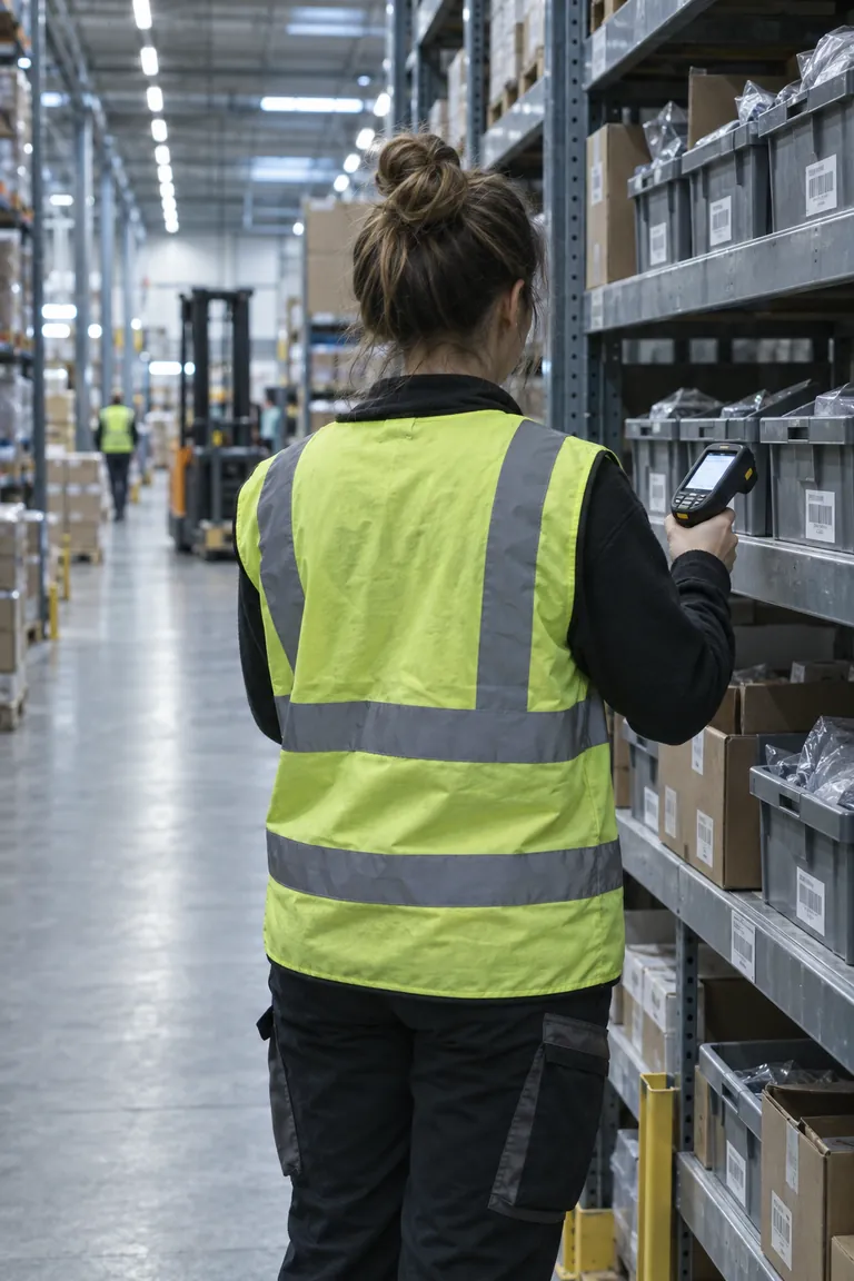 Warehouse picker scanning a bin with a handheld device
